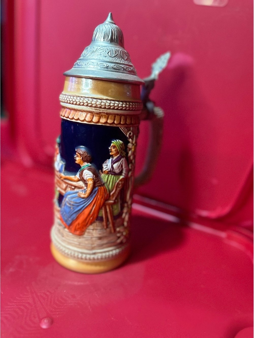 Vintage German Beer Stein with Colorful Relief Scenes and Pewter Lid